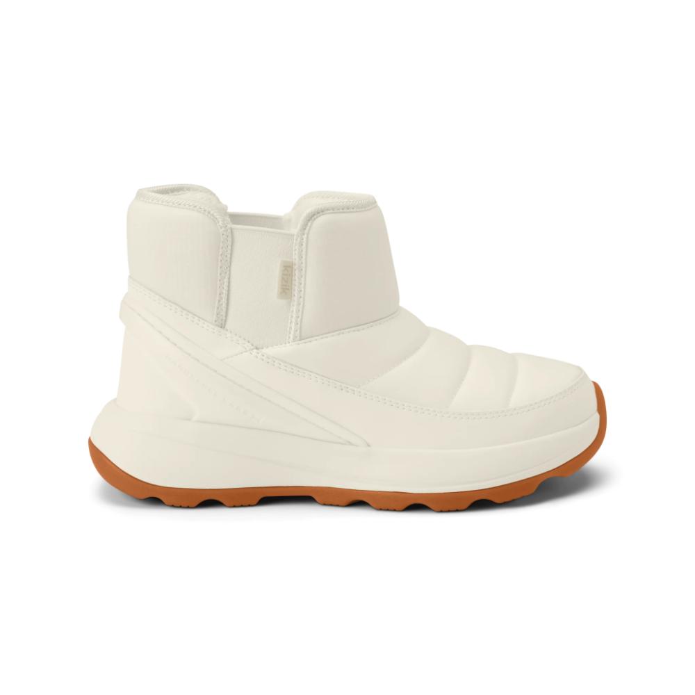 מגף לבן ללא שרוכים עם חלק עליון מרופד, סוליה עבה וסוליה חומה, מוצג בפרופיל צדדי — מגפוני קיזיק ג'ונו 2 לנשים מבית Kizik כוללים טכנולוגיית Hands-Free לנעילה קלה.