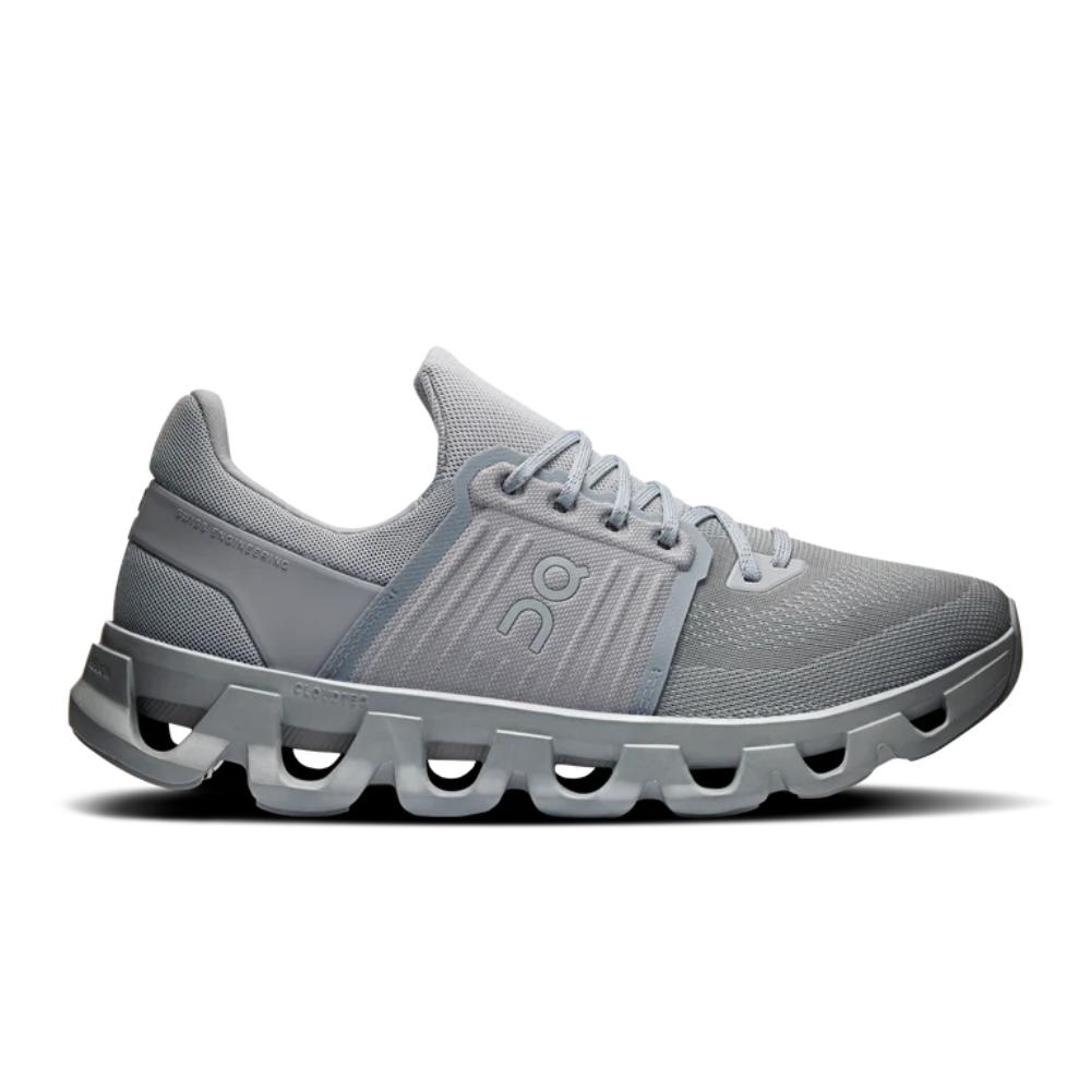 דגם On Cloud Cloudswift 4 AD Alloy/Frost מבית On Cloud הוא נעל ספורט אפורה הכוללת גפה עליונה מרשת נושמת, עיצוב עם שרוכים וסוליה חלולה ייחודית, המעניקים נוחות וסגנון משופרים.