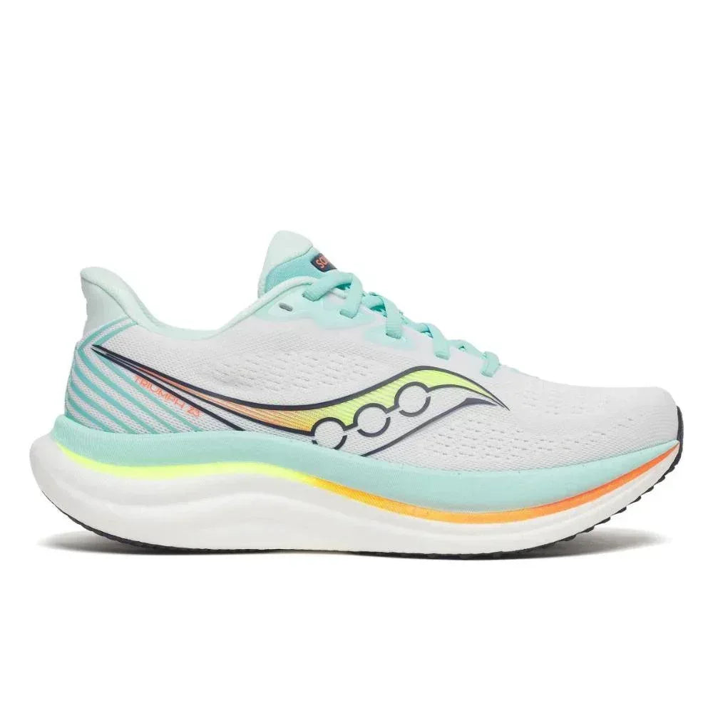 Saucony TRIUMPH 23 WHITE/AQUA S11023-130 הוא נעל ריצה אתלטית לבנה עם נגיעות בצבעי טורקיז, צהוב וכתום, סוליה עבה ועיצוב שרוכים מבית Saucony.