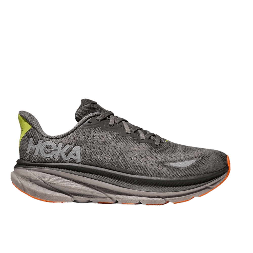 נעלי ריצה הוקה קליפטון 9 נגד מים Hoka CLIFTON 9 GTX 1141470/ALTGF בגוון אפור, עם רשת נושמת, סוליה עבה מרופדת, דגש עקב בירוק ניאון ופרטי סוליה כתומים – מבית Hoka.
