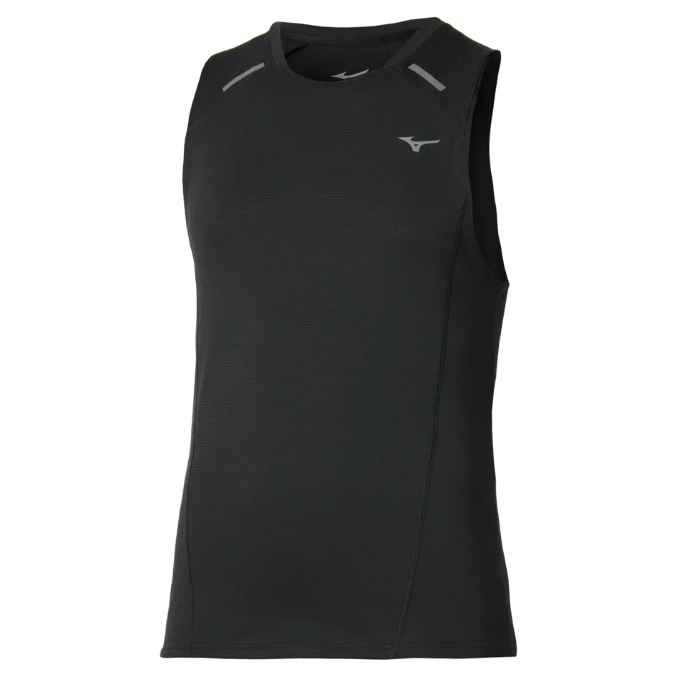 גופיית ה-Active Dry Aero Flow של Mizuno (מידה M) בצבע שחור, דגם J2GAD00209, מתאפיינת בעיצוב שחור ללא שרוולים עם לוגו אפור על החזה ושני אלמנטים אפורים ליד הכתפיים, על רקע לבן חלק.