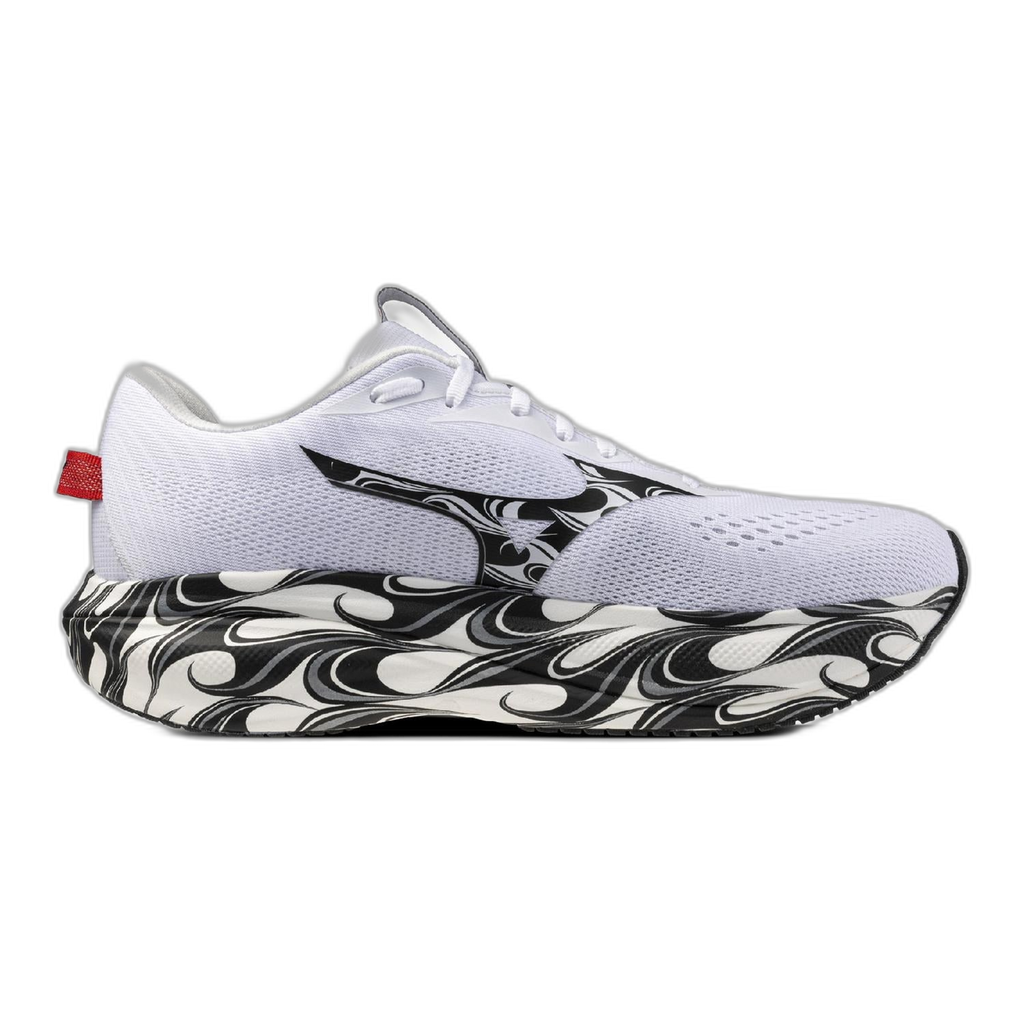 נעל ריצה Mizuno Wave Rider 30 Disclosure White לגברים בגוון לבן עם דפוס שחור-לבן – מבט צד חיצוני