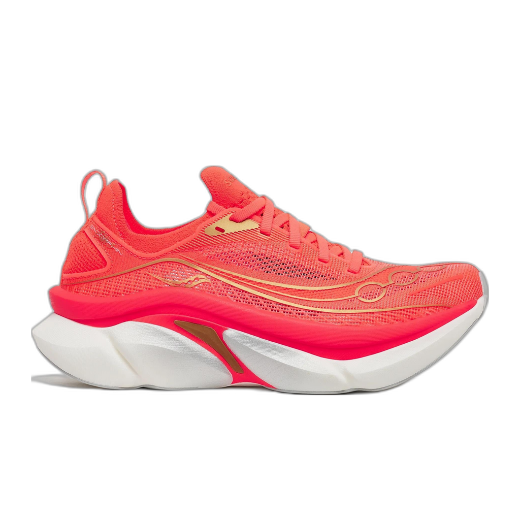 נעלי ריצה תחרותיות סאקוני אנדורפין עלית 3 Saucony Endorphin Elite 3 Vizired - מבט צד פנימי באדום בוהק עם נגיעות זהב וסוליית IncrediRUN לבנה מפוסלת