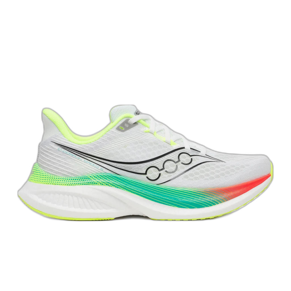 נעלי ריצה סאקוני אנדרופין ספיד 5 לגברים Saucony Endorphin Speed 5 White/Multi - מבט צד פנימי עם צווארון צהוב ניאון וסוליית PWRRUN PB בגרדיאנט ירוק-אדום