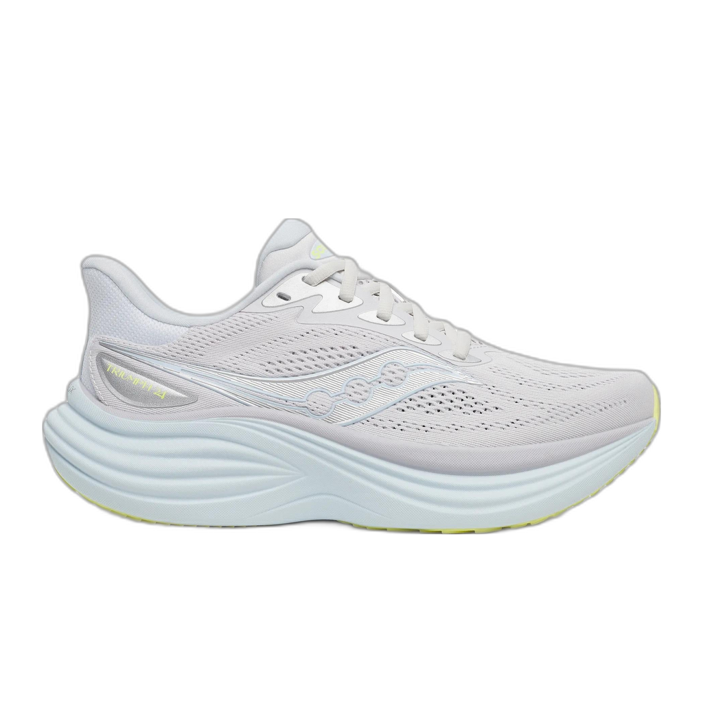 נעלי ריצה סאקוני טריומף 24 לנשים Saucony Triumph 24 Fog/Ice Melt - מבט צד פנימי, גפה אפורה בהירה עם סוליית IncrediLUX לבנה עבה וסוליית חוץ צהובה