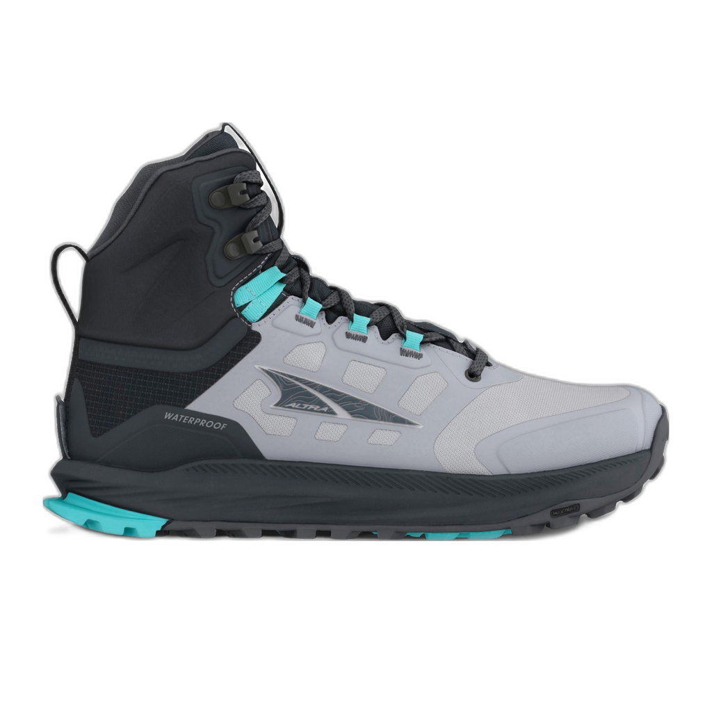 מגף שטח Altra Lone Peak 9 Waterproof Mid לנשים בשחור ואפור עם לולאות טורקיז - מבט צד