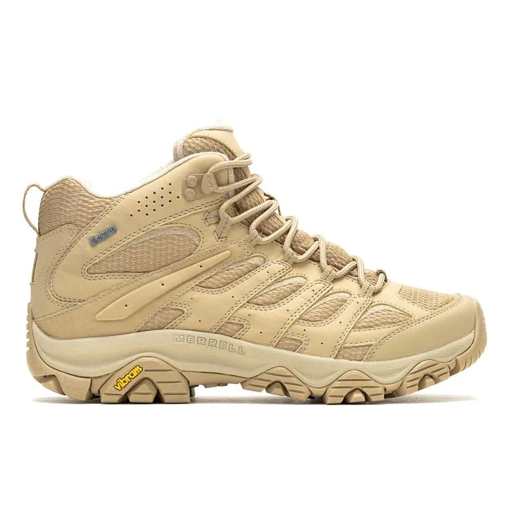 ה-Merrell J500431 MOAB 3 SYN MID GTX בצבע Incense כולל גפה עליונה מעור ועור רשת בצבע חום בהיר, סגירת שרוכים, סוליה מחוספסת ולוגואים בולטים של Vibram ו-Merrell.