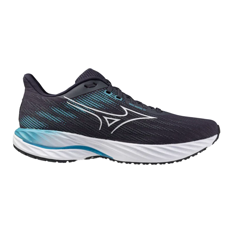 ה-Mizuno J1GC254451 WAVE INSPIRE 21(M) Odyssey הוא נעל ריצה אתלטית בצבעים שחור וכחול, עם סוליה לבנה ולוגו Mizuno לבן, המוצגת על רקע חלק.