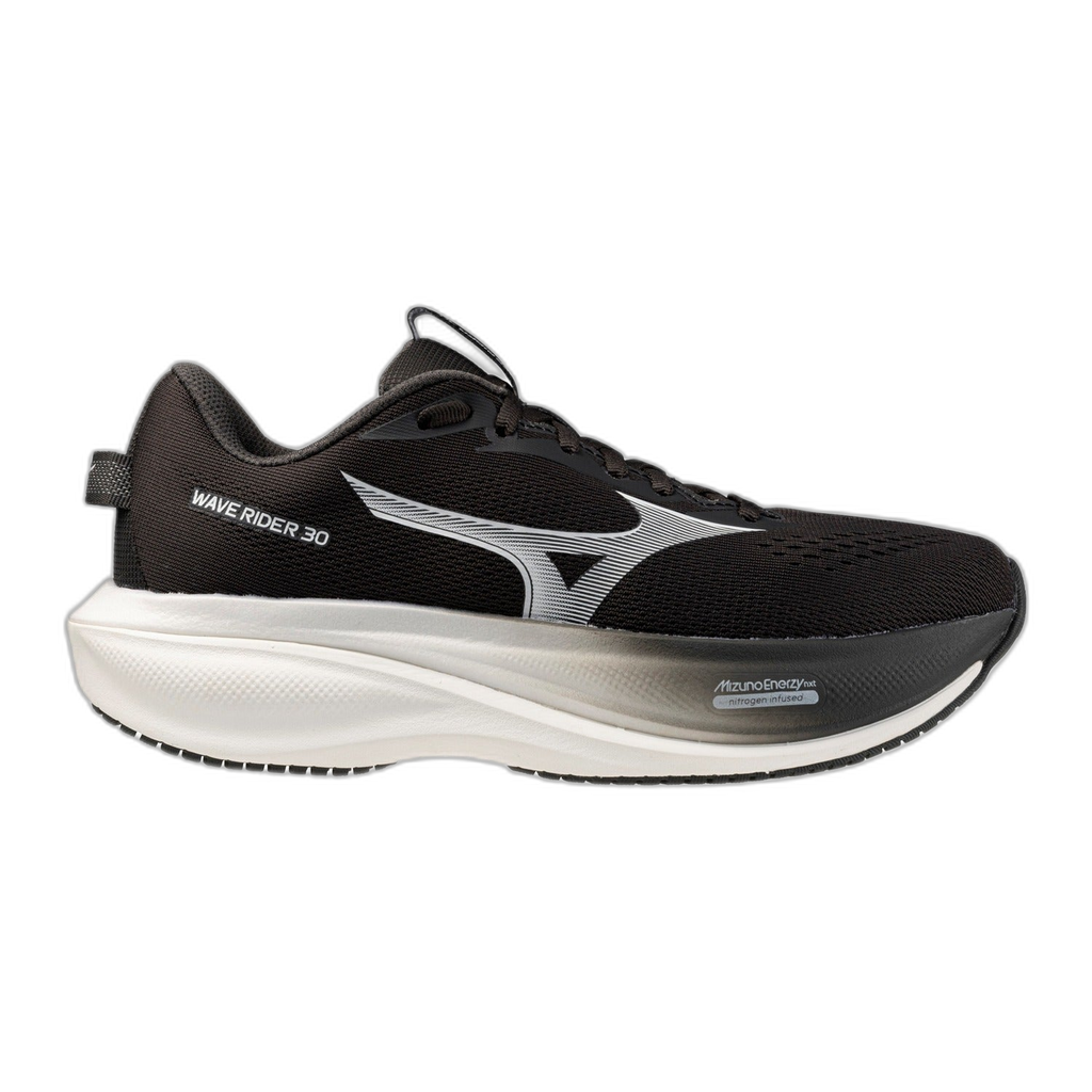 נעלי ריצה לנשים Black Mizuno WAVE RIDER 30 (D) J1GW262177 בצבע שחור-חול, עם סוליה לבנה עבה, לוגו כסוף וכיתוב הדגם בצד.
