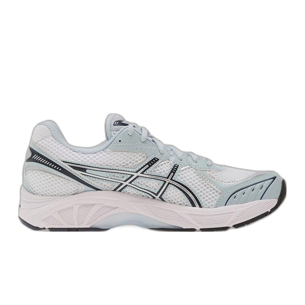 נעלי ריצה Asics GT 2160 Unisex 1203A980/102 White Storm Cloud מבד רשת, בצבעי לבן ואפור בהיר, עם פרטים בצדדים בצבע שחור וסוליה אמצעית לבנה במרקם.