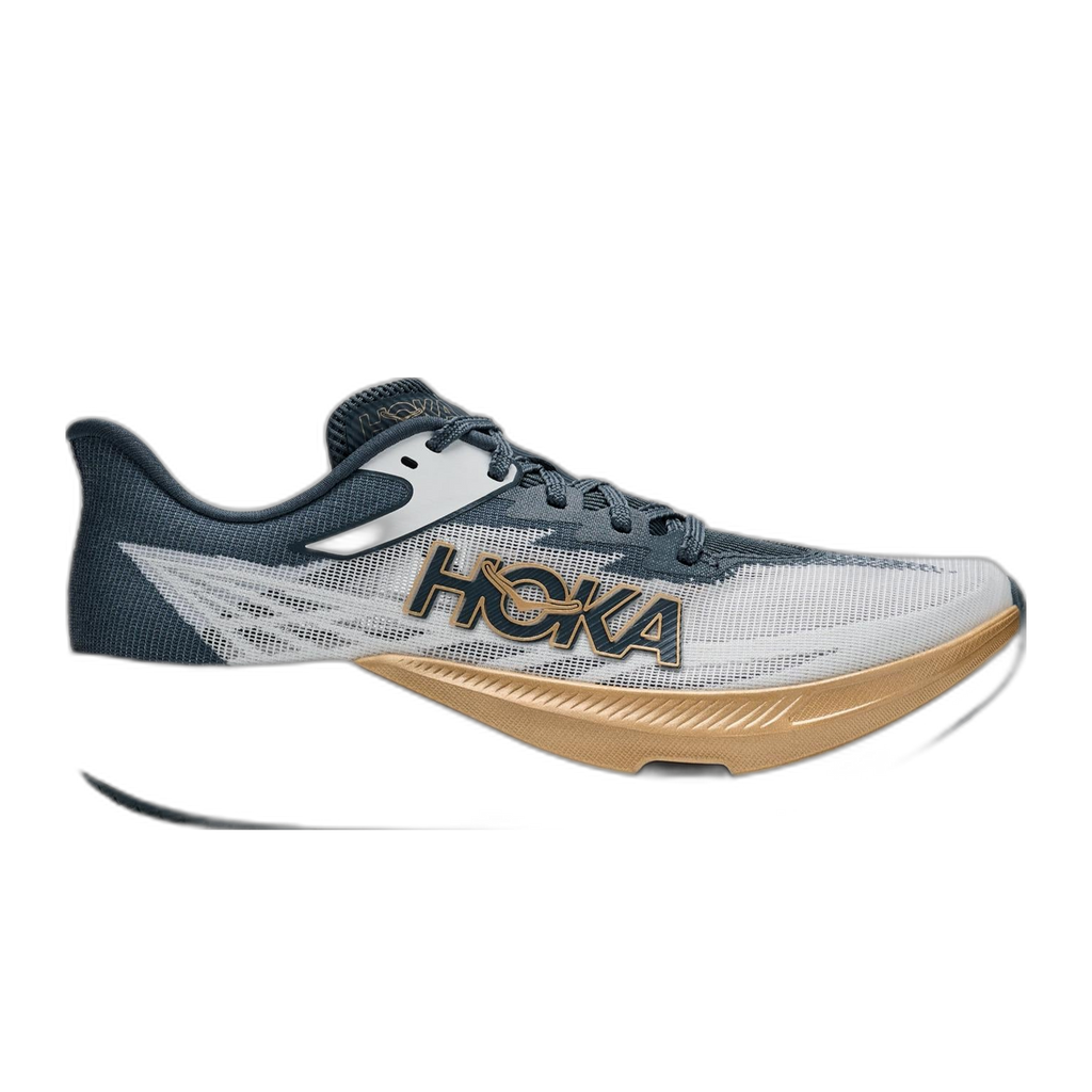 נעל ריצה לנשים Hoka Rocket X 3 בצבעים “פרוסט” ו-“פיידד נייבי”, בעלת גזרה נמוכה עם סוליה אמצעית בגוון זהוב ופרט לוגו.