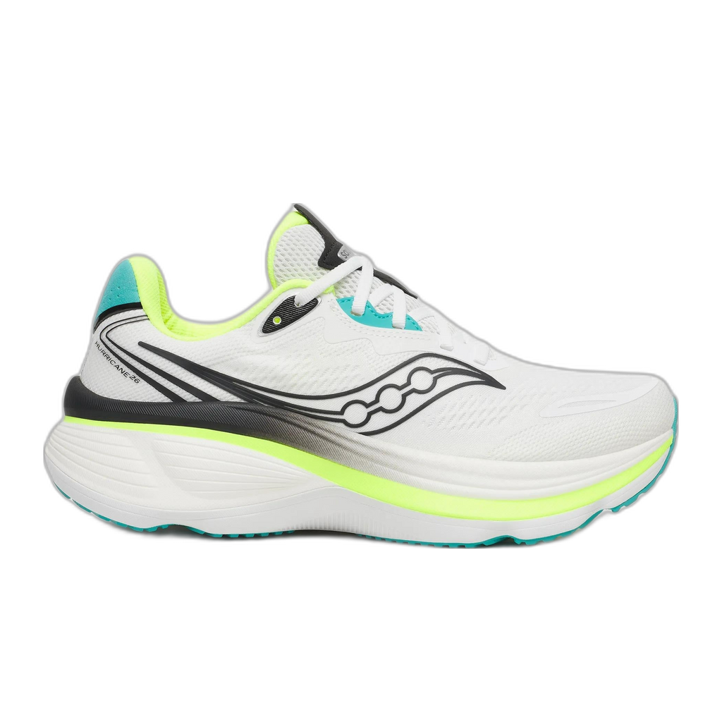 נעל ריצה Saucony HURRICANE 26 S101098-1032 WHITE/CITRON בצבע לבן, עם סוליה עבה, לוגואים שחורים, נגיעות בצבע טורקיז וקישוט בצבע צהוב ניאון.