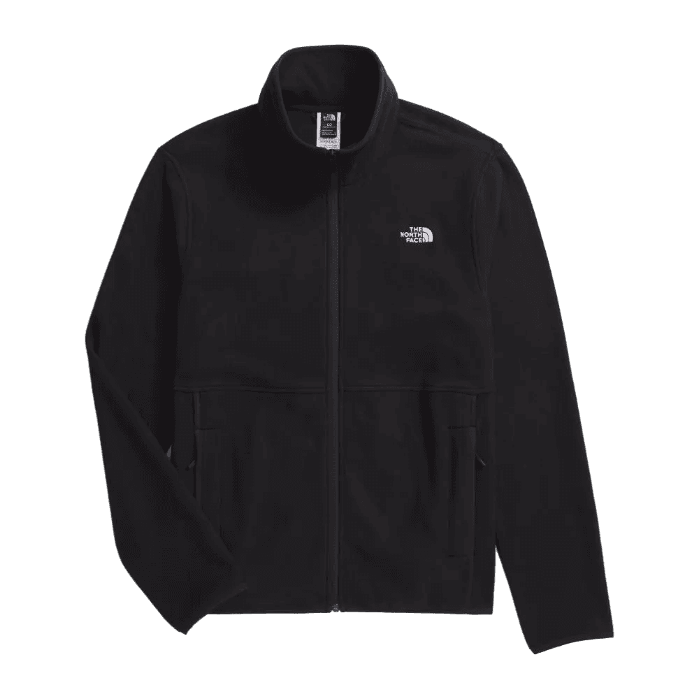 The North Face ג'קט פליז לגברים GLACIER FLEECE JACKET TA8D0RJK3 בצבע שחור, עם רוכסן מלא, כיסי צד וצווארון עומד—מושלם לפעילויות חוץ או ללבוש יומיומי, מוצג על רקע לבן.