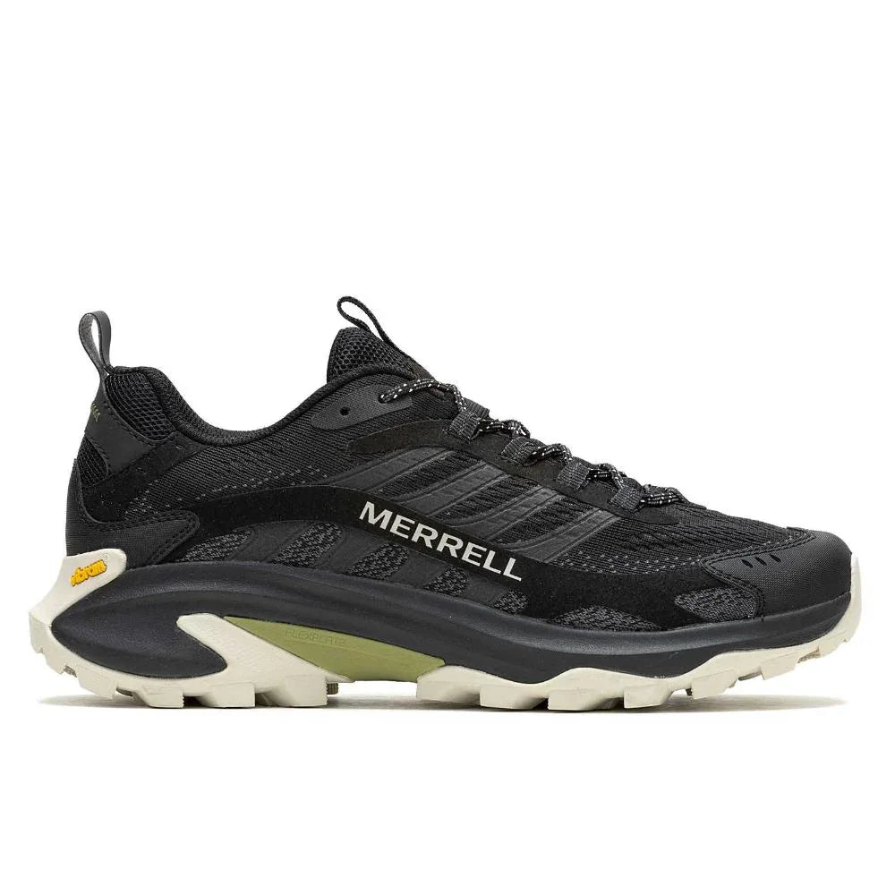 Merrell MOAB SPEED 2/BLACK MEN J037525 הוא נעל ריצה לשטח בצבע שחור עם גפה עליונה מרשת, סוליה מחוספסת וסוליה לבנה, המוצגת בפרופיל צדדי.