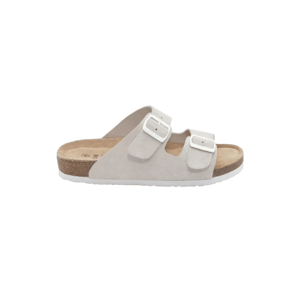 כפכפי FELIX SANDAL בצבע שמנת לנשים, עם זמש בצבע בז', שתי רצועות אבזם לבנות ורפידת פקק, מוצגים בפרופיל על רקע לבן חלק.