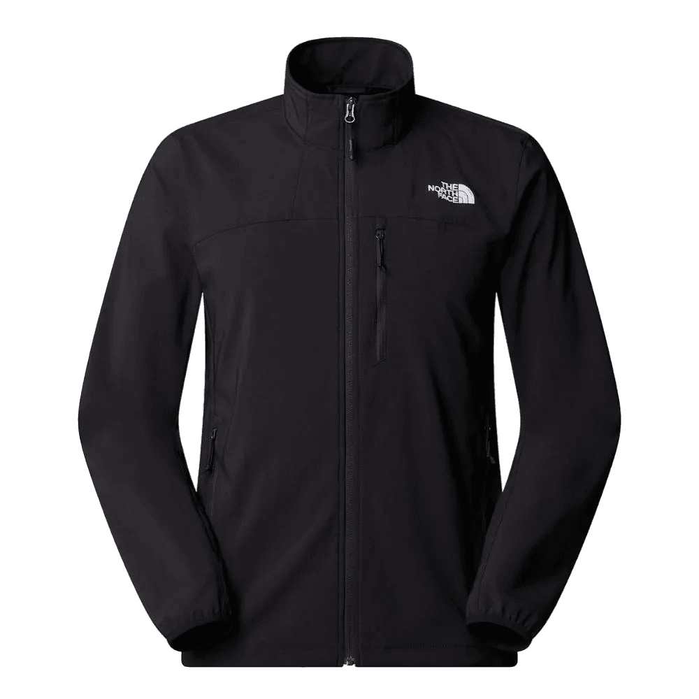 מעיל סופטשל דק לגברים TNF NIMBLE JACKET TA8CD8JK3 מבית The North Face בצבע שחור עם רוכסן קדמי, צווארון גבוה, כיס חזה ורוכסנים בצדדים—מושלם לטיולים.