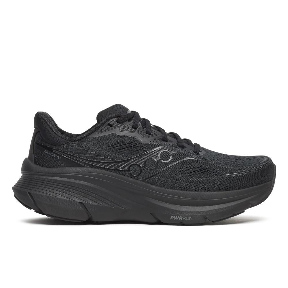 Saucony GUIDE 19 TRIPLE BLACK S21059-101 הוא נעל ריצה אתלטית בצבע שחור עם גפה עליונה מרשת, סגירת שרוכים, סוליה מרופדת ועבה ולוגו Saucony עדין בצד.