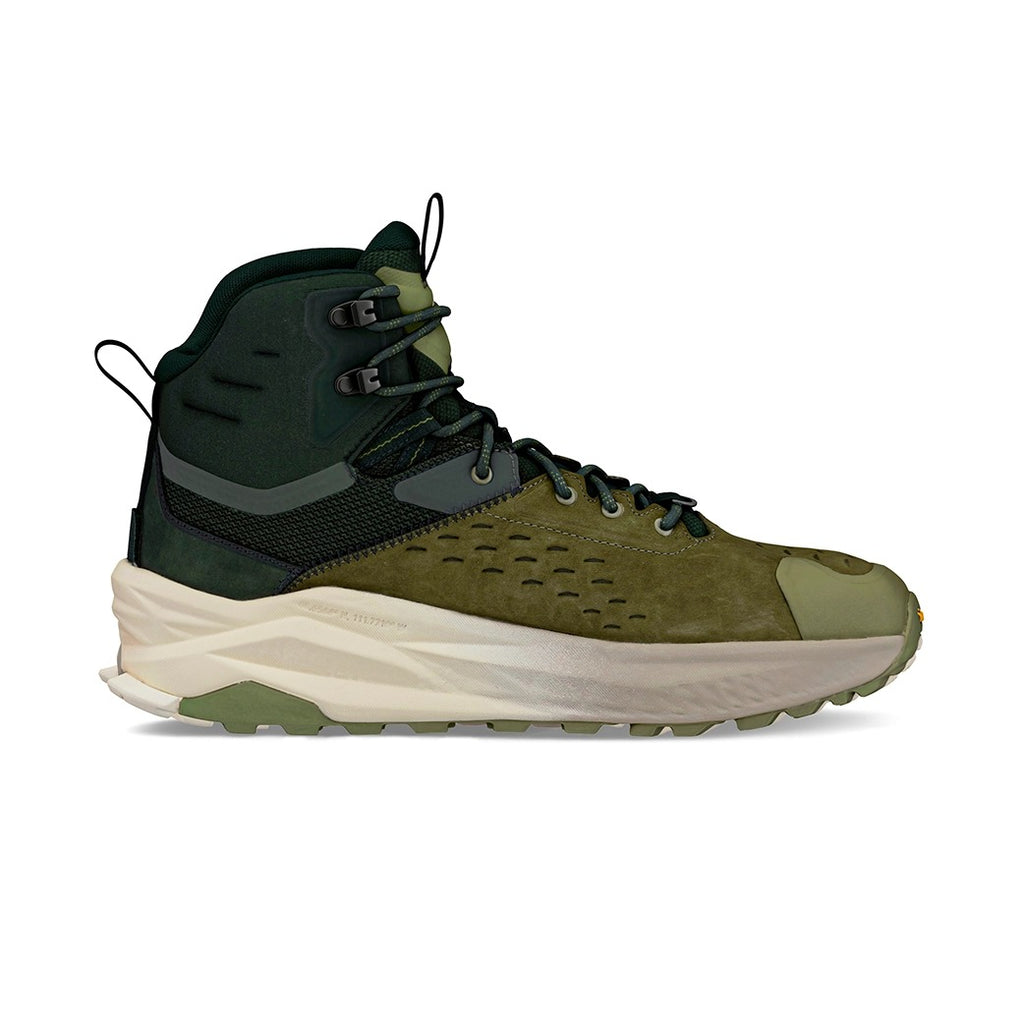 ה-Altra OLYMPUS 6 HIKE MID GTX AL0A85NP315 מבית Altra הוא נעל גבוהה בצבעים ירוק ושחור עם סוליה לבנה עבה, שרוכים שחורים, קצה ו עקב מחוזקים, המוצגת על רקע לבן חלק.