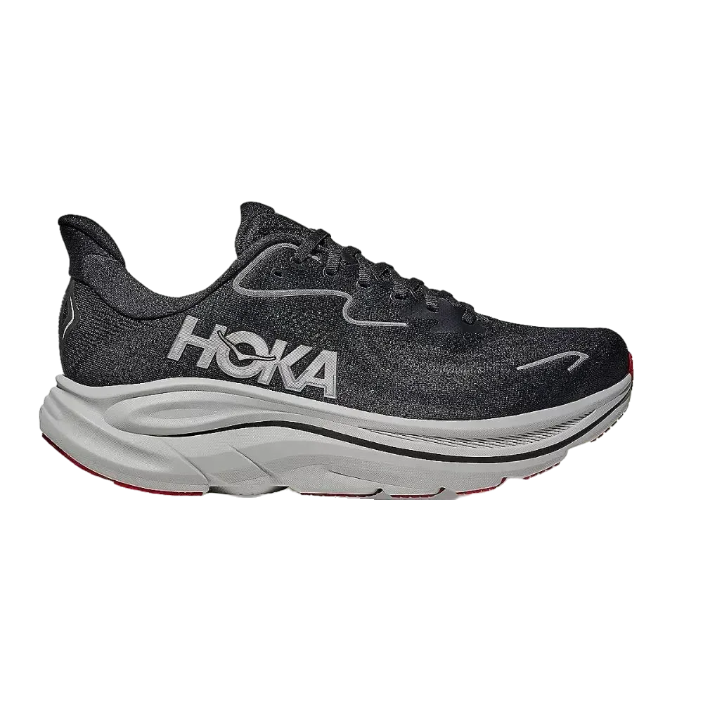 ה-Hoka CLIFTON 10 (1162030/BKSV BLACK/SILVER) מתאפיין בעיצוב שחור ואפור, סוליה לבנה עבה ולוגו צדדי בולט, המוצג על רקע לבן.