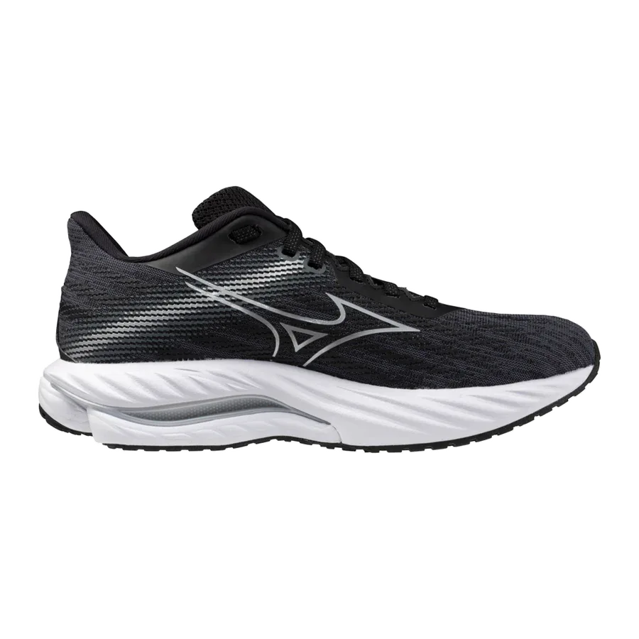 ה-Mizuno Wave Inspire 21 J1GD254422 מבית Mizuno הוא נעל ריצה בשחור-לבן עם דוגמה מרקמית, סגירת שרוכים וסוליה עבה מגומי, המוצגת בפרופיל צדדי על רקע אחיד.