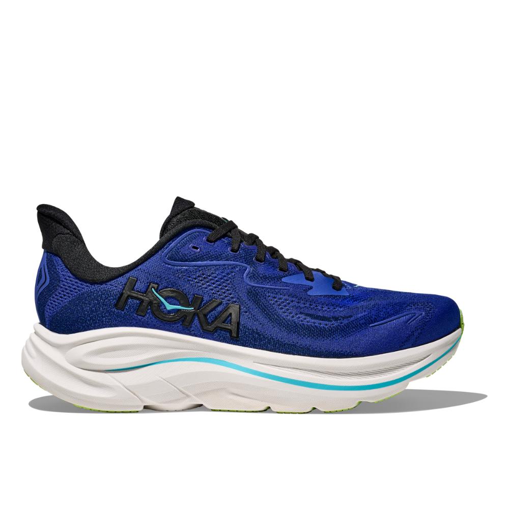 נעלי ריצה Hoka Clifton 10 לגברים בצבעי NIGHT SKY/MIDNIGHT (1162030/NMD) עם שרוכים שחורים, גימור שחור וסוליה לבנה עבה מוצגות בפרופיל על רקע לבן — נעלי ריצה Hoka Clifton 10 לגברים.
