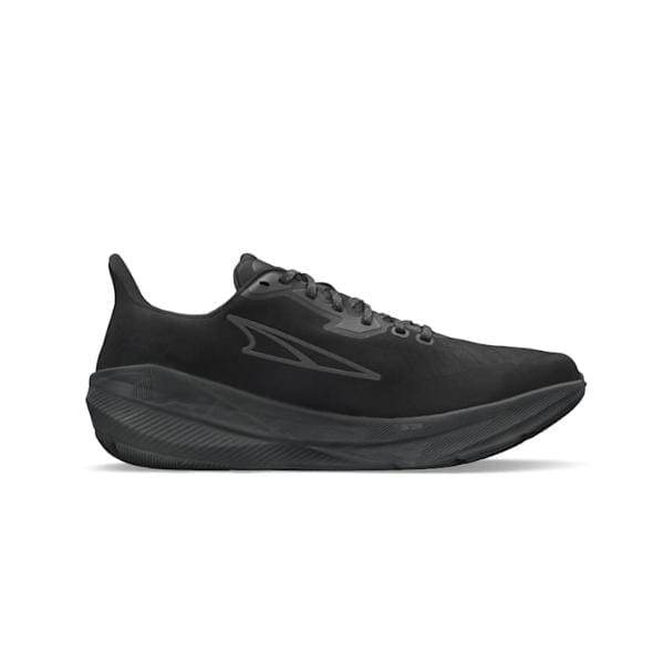 Altra Experience Flow A0A85NV001, נעל ספורט שחורה של אלטרה, מתהדרת בעיצוב יעיל עם סוליה עבה ומציגה את לוגו המותג בצדה.