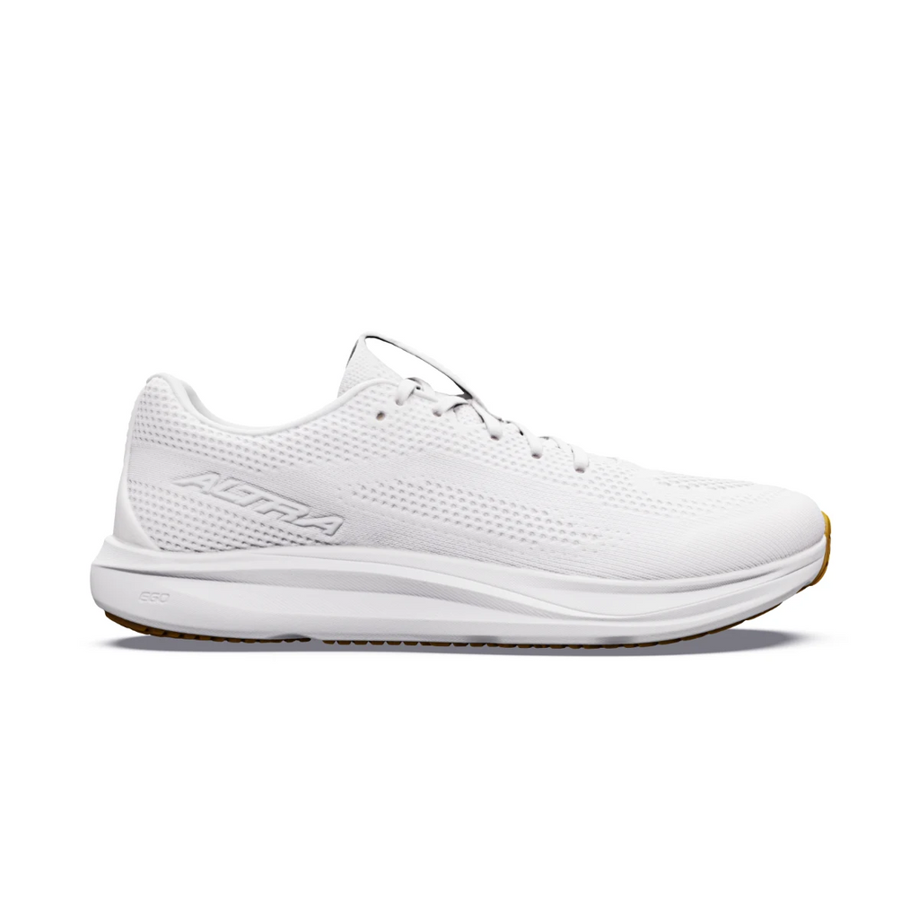 נעל ריצה Altra Escalante 5 לנשים בצבע White — מבט צד על גפה סרוגה לבנה עם סוליה שטוחה.