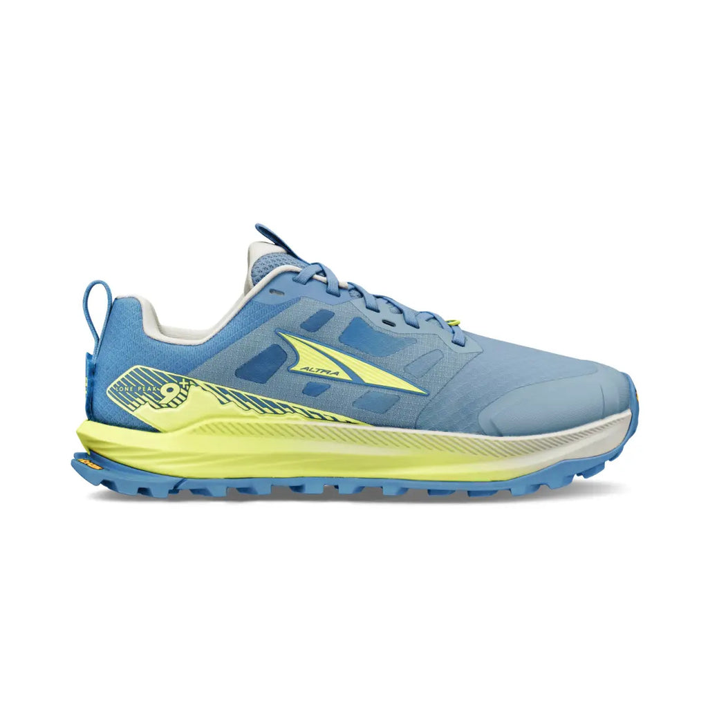 נעל ריצת שטח Altra Lone Peak 9+ לנשים בצבע Blue/Lime, מבט ראשי עם חלק עליון כחול ומבטאי ליים זוהרים, על רקע לבן.