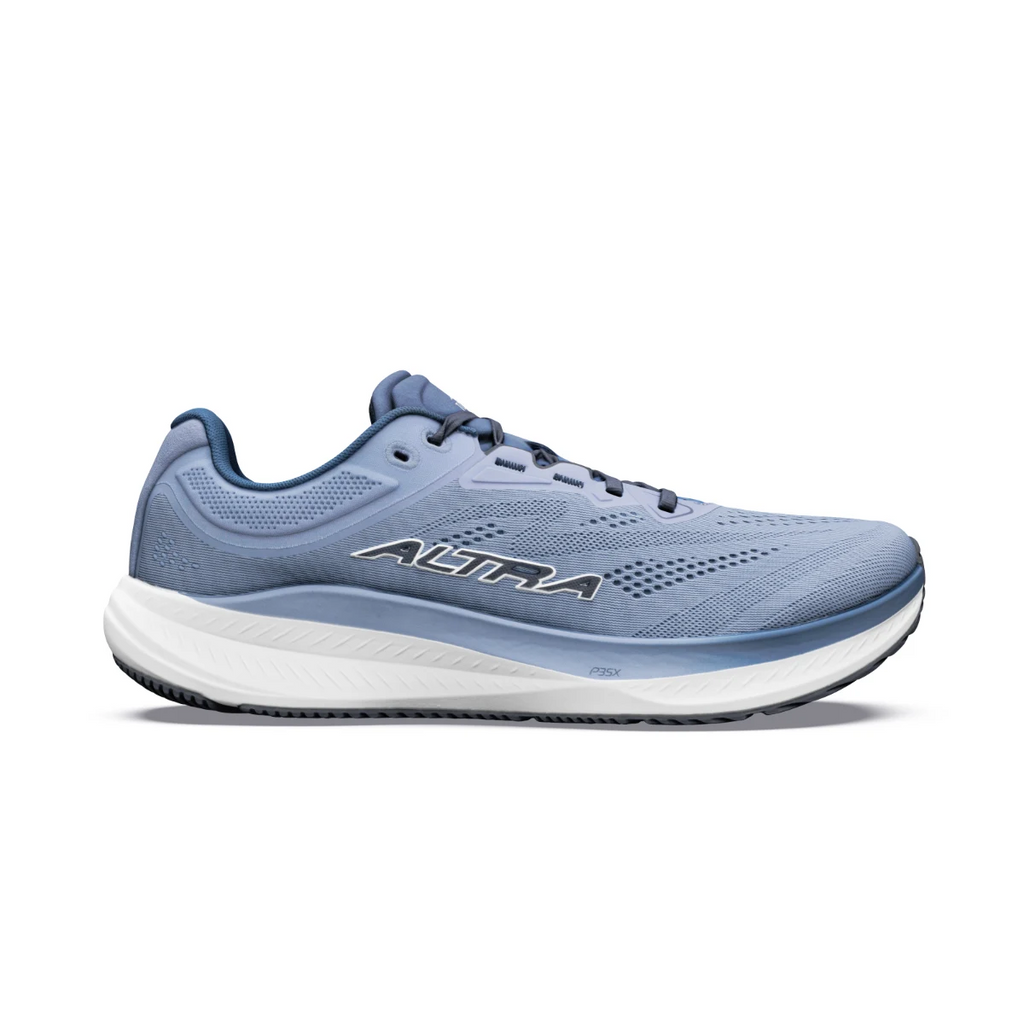 מבט צד פנימי על נעל הריצה Altra Torin 9 בצבע Flint Stone/Blue — גפה בתכלת עם סוליה לבנה.