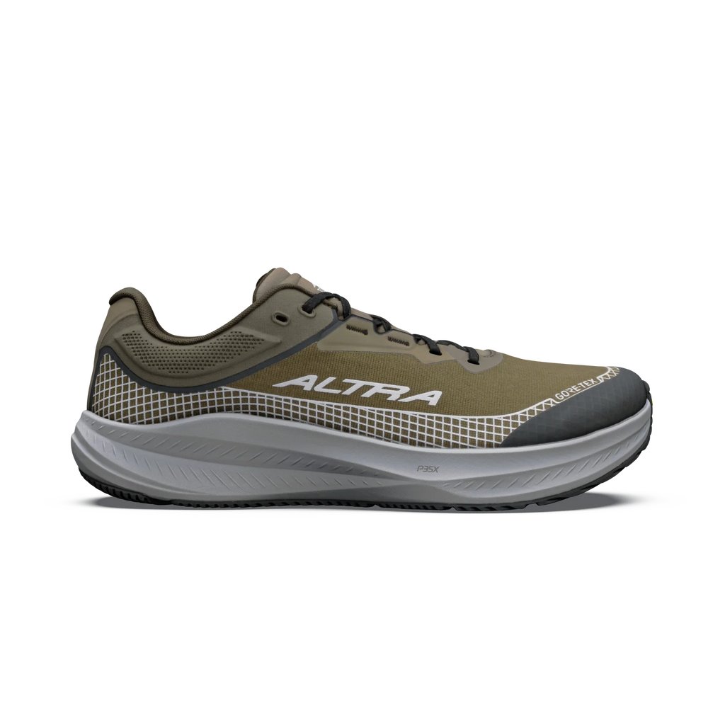 נעל ריצה אלטרה טורין 9 GTX לגברים Altra Torin 9 GTX בצבע ירוק זית כהה וכסף – מבט מהצד עם לוגו ALTRA