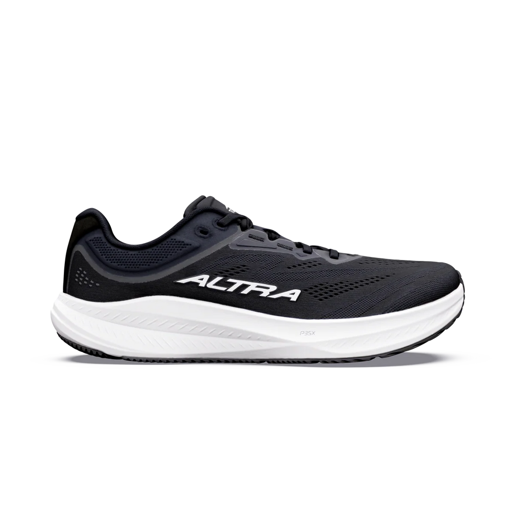 נעל ריצה Altra Torin 9 לגברים בצבע Black/White — מבט צד על גפה שחורה מרשת עם לוגו Altra וסוליה לבנה.