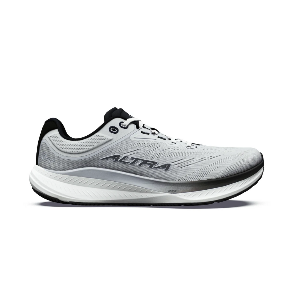 נעל ריצה Altra Torin 9 לגברים בצבע Ultimate Grey — מבט צד על גפה אפורה עם נגיעות שחורות ולוגו Altra.