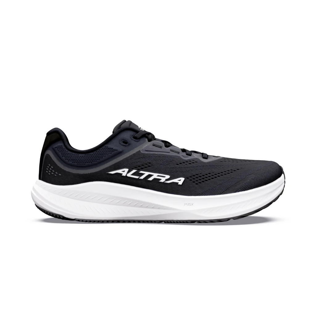 נעל ריצה Altra Torin 9 Wide (2E) לגברים בצבע Black/White – מבט צד חיצוני, עם עליון מש שחור, מידסול לבן בדרופ אפס ולוגו ALTRA לבן בצד הנעל.