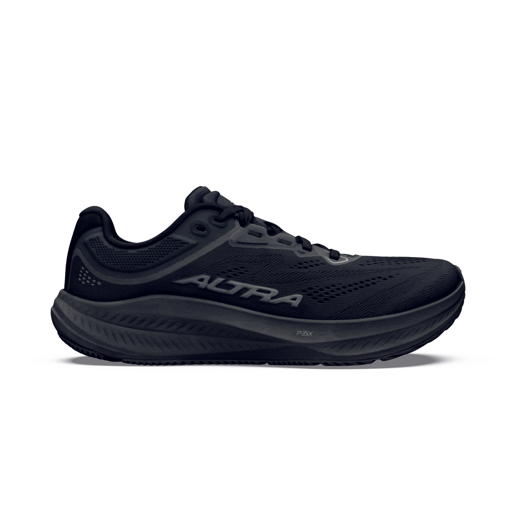נעל ריצה Altra Torin 9 לנשים בצבע Black/Black/Castlerock — מבט צד על גפה שחורה מרשת עם לוגו ALTRA אפור.