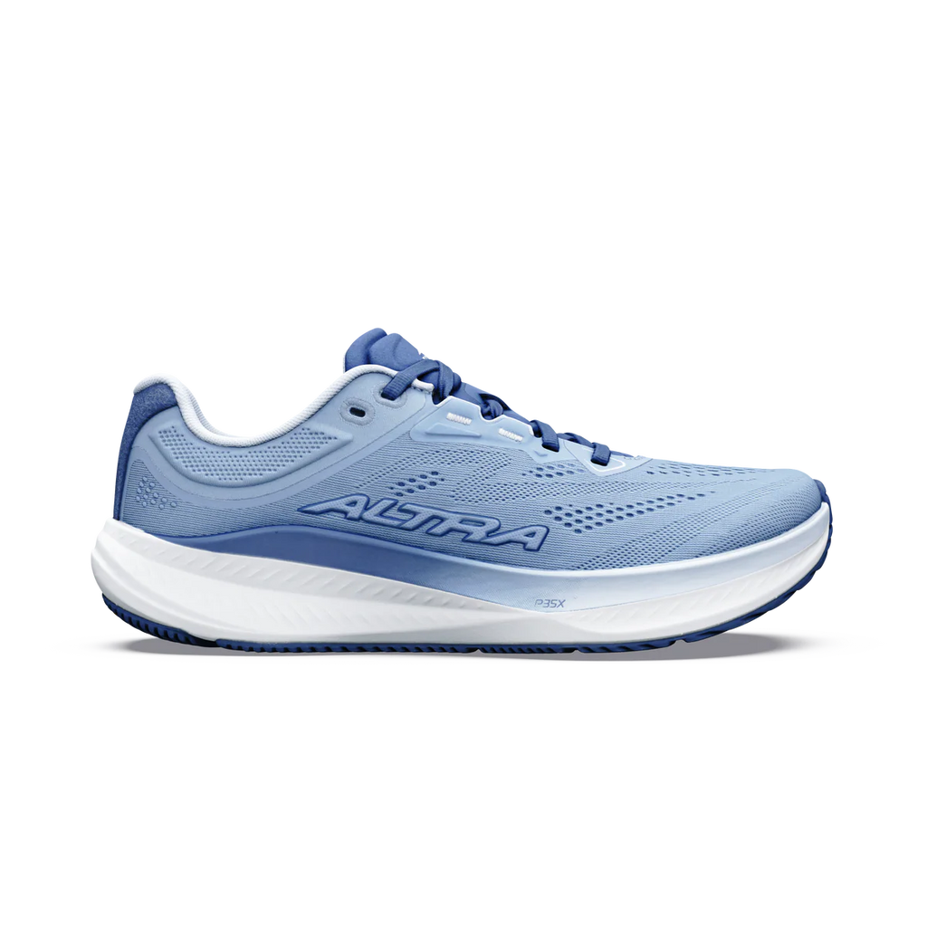 מבט צד פנימי על Altra Torin 9 לנשים בצבע Blue/White — גפה בתכלת עם סוליה אמצעית לבנה.