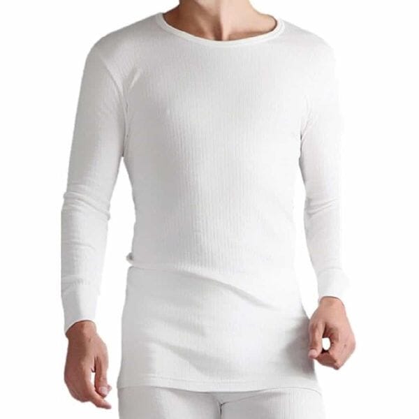 גבר לובש חולצה לבנה עם שרוול ארוך מחזיקי חום תחתונים תרמיים BTVHH93WT מבית AroSport.