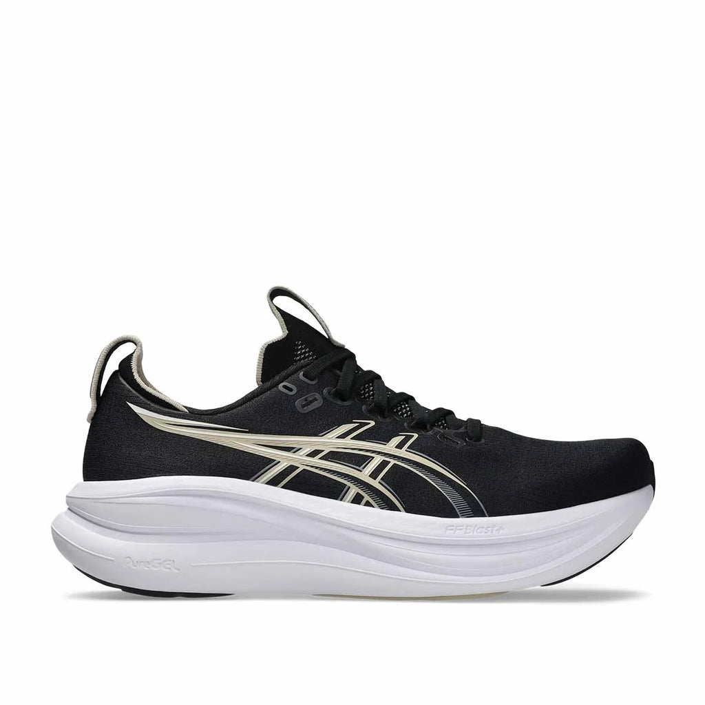 נעלי ריצה Asics Gel Nimbus 28 Wide (2E) לגברים בצבע Black / Feather Grey — עליון שחור עם סוליית ביניים לבנה
