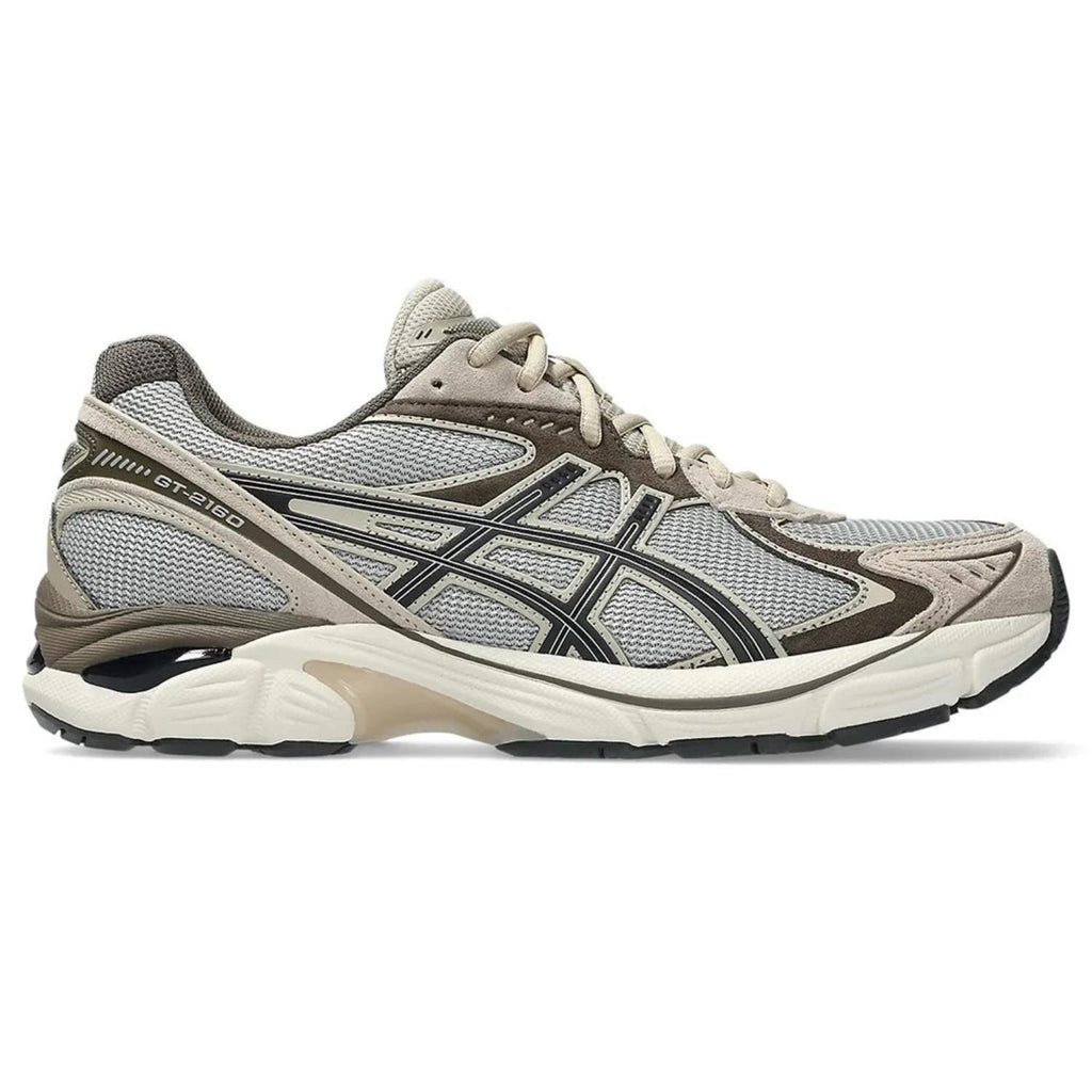 נעלי אסיקס אופנה לנשים Asics GT-2160 בצבע Cement Grey/Graphite Grey – מבט צד חיצוני עם פסי אסיקס כהים