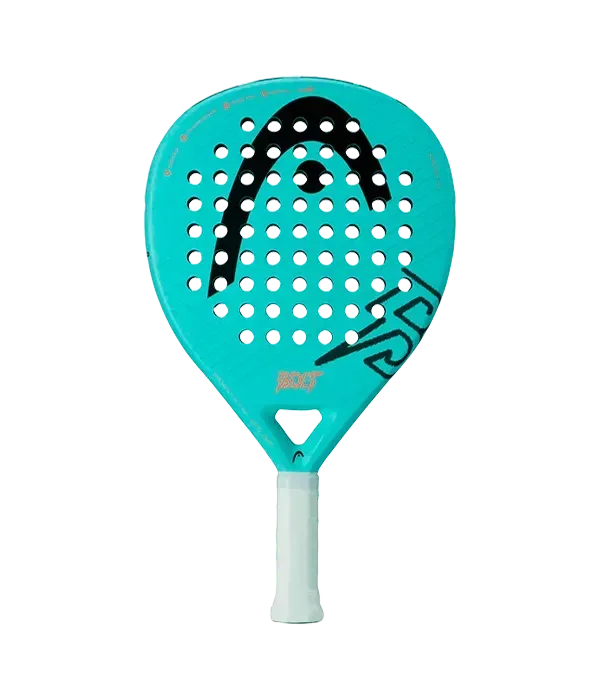 ה-Head BOLT 2025 TL BK מבית Head כולל מחבט פדל בצבע טורקיז עם ידית לבנה, חורים עגולים על משטח החבטה וסימוני לוגו שחורים על הפנים.