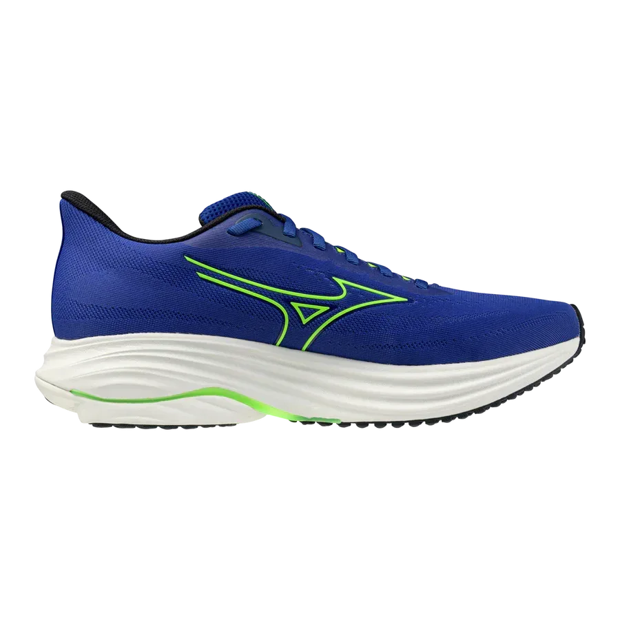 ה-Mizuno WAVE ULTIMA 17(M) J1GC261801 מבית Mizuno הוא נעל ריצה ספורטיבית בצבע כחול עם סוליה לבנה, נגיעות בצבע ירוק ניאון ובטנה שחורה, המוצגת בפרופיל צדדי על רקע לבן חלק.