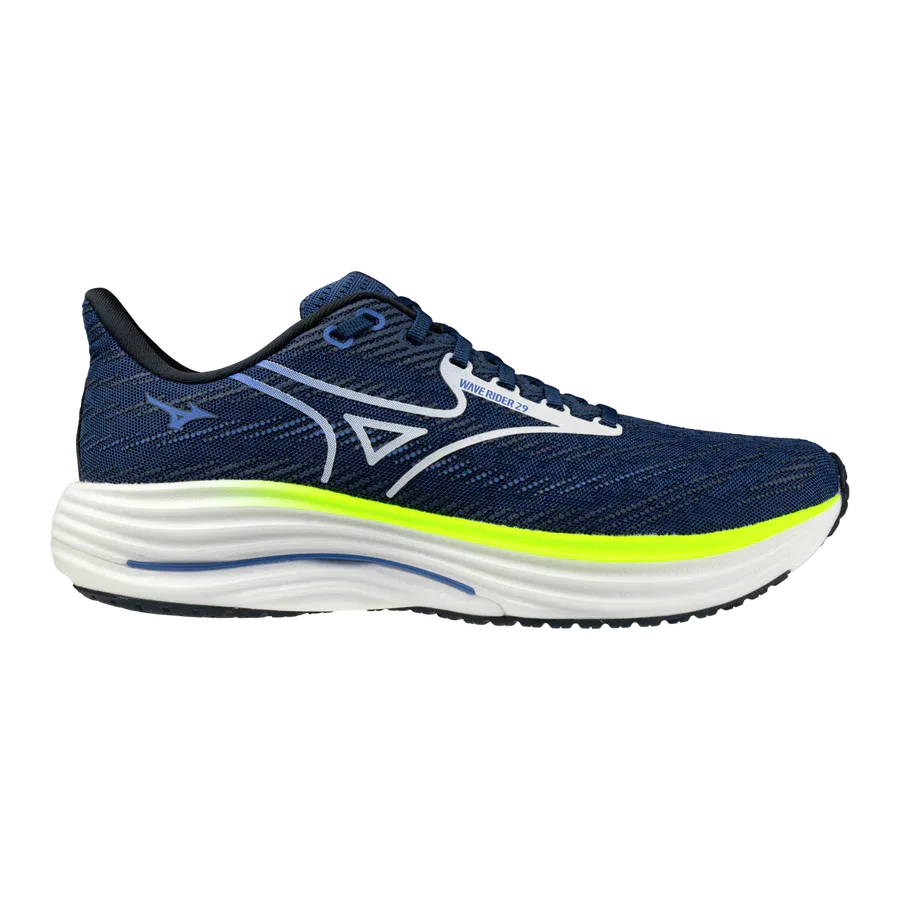ה-Mizuno WAVE RIDER 29(M) J1GC250352 הוא נעל ריצה כחולה עם נגיעות של לבן וצהוב, סוליה לבנה עבה ולוגו Mizuno בצד, על רקע לבן חלק.