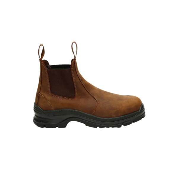 המגפיים בצבע חום אוכף 407 Man בסגנון Blundstone כוללים עור חום עם לשוניות משיכה שחורות וסוליה שחורה עבה, כפי שניתן לראות מהצד.