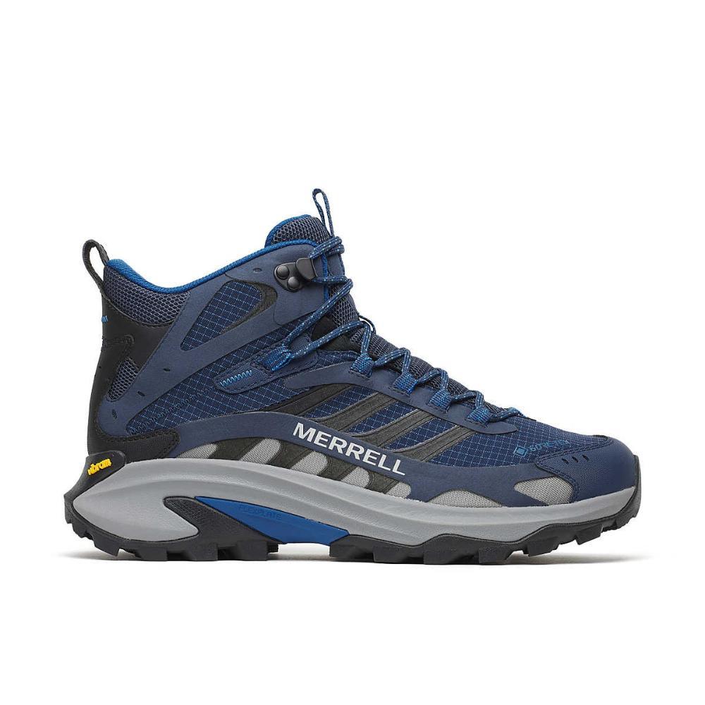 מגף טיולים Merrell MOAB SPEED 2 MID GTX J00004910 NAVY NIGHT בצבעי כחול ואפור עם סוליה שחורה, לוחות רשת ועיצוב שרוכים, מוצג מהצד על רקע לבן.