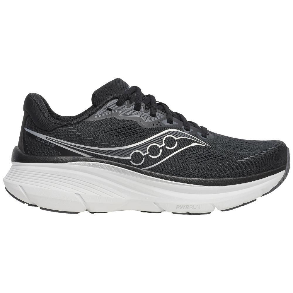 Saucony GUIDE 19 BLACK/SILVER M S21060-100 הוא נעל ריצה בשחור ולבן עם גפה עליונה מרשת נושמת, סגירת שרוכים וסוליה מרופדת לנוחות, המוצגת מהצד.