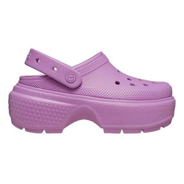 פלטפורמת לבנדר בסגנון Crocs Stomp Clog-Pink/Bubble 209347-6WQ עם רצועת עקב ומספר חורי אוורור בחלק העליון.