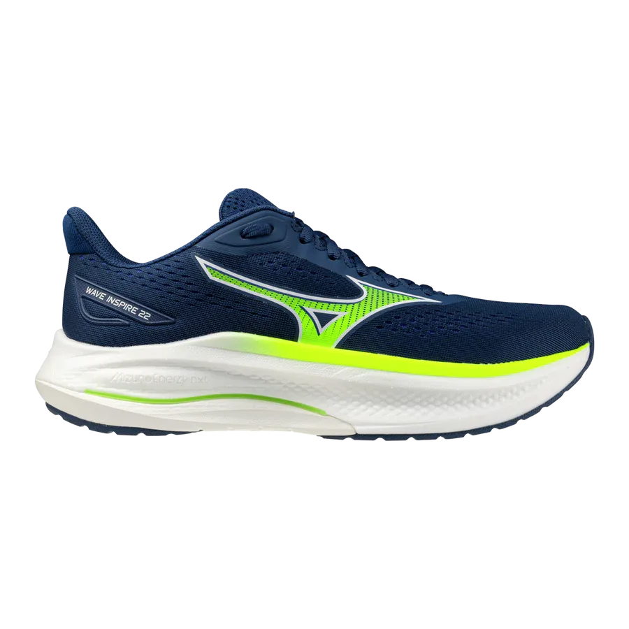 ה-Mizuno WAVE INSPIRE 22(M) J1GC264401 הוא נעל ריצה בצבע כחול כהה עם סוליה לבנה, נגיעות בצבעי צהוב ניאון וירוק, ועליה לוגו "Wave Inspire" בעקב.