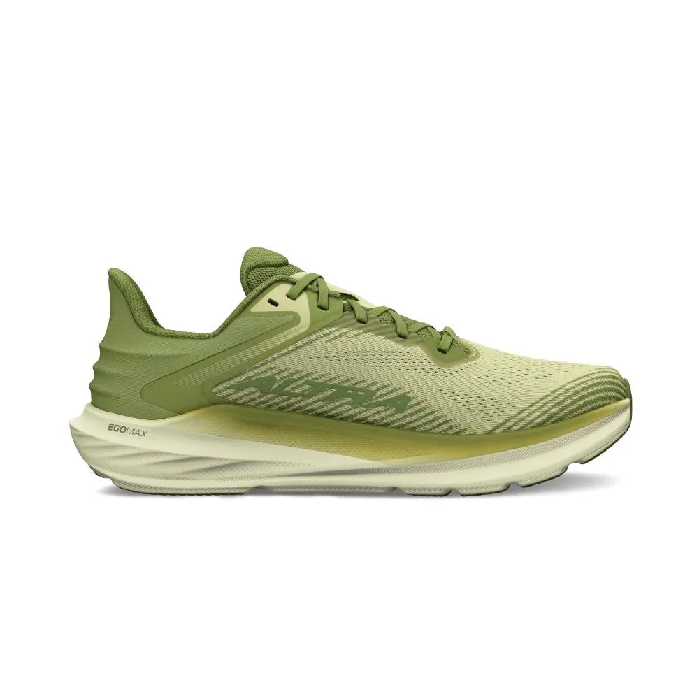 דגם Altra TORIN 8 DUSTY OLIVE A0A85QE315 מבית Altra מתאפיין בעיצוב בגווני ירוק בהיר, גפה עליונה מרשת נושמת וסוליה מרופדת — המשלבת נוחות וסגנון. בתמונה: פרופיל צדדי.