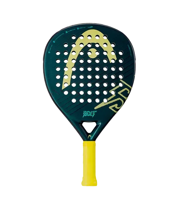 ה-Head Hoka BOLT 2025 BL GR הוא מחבט פדל ירוק עם ידית צהובה, לוגו צהוב גדול ומספר חורים עגולים על פני השטח.
