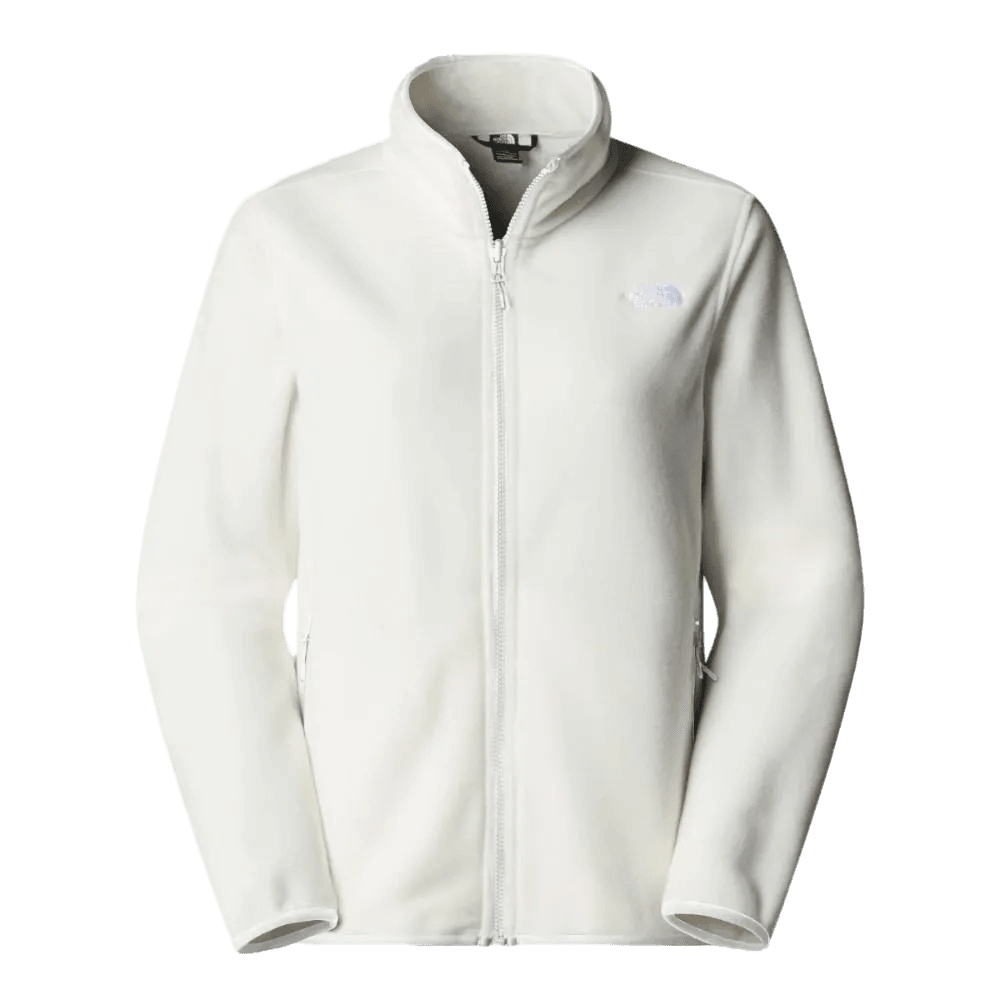 The North Face פליס נשים רוכסן מלא GLACIER FLEECE JACKET TA8D2FQLI בלבן עם צווארון עומד וכיסים צדדיים, מושלם כפליס נשים או ג'קט טיולים, מוצג על רקע חלק.