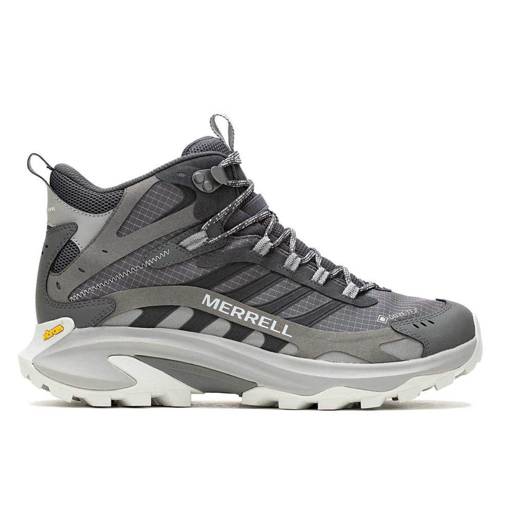 נעלי הטיולים והשטח של Merrell, נעלי טיולים ושטח מירל ספיד 2 נגד מים MOAB SPEED 2 MID GTX J037503, הן מגפי טיולים אפורות עם סוליה מחוספסת, חלק עליון מרשת/סינתטי, שרוכים בחזית ומיתוג "Merrell" — מיועדות לנוחות ולביצועים.